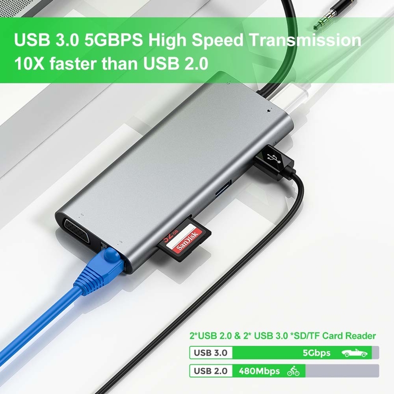 11 पोर्ट 11 इन 1 यूएसबी टाइप सी हब 10Gbps यूएसबी सी डॉकिंग स्टेशन प्लग एंड प्ले सॉफ्टवेयर एकीकरण