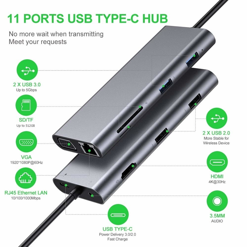 11 पोर्ट 11 इन 1 यूएसबी टाइप सी हब 10Gbps यूएसबी सी डॉकिंग स्टेशन प्लग एंड प्ले सॉफ्टवेयर एकीकरण