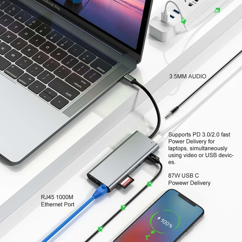 11 इन 1 टाइप-सी हब मल्टीपोर्ट डॉक स्टेशन USB3.0 PD SD/TF 4K HDMI VGA RJ45 एडाप्टर के साथ