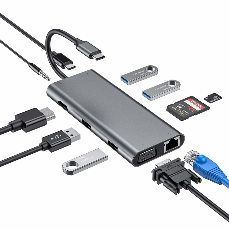 11 इन 1 टाइप-सी हब मल्टीपोर्ट डॉक स्टेशन USB3.0 PD SD/TF 4K HDMI VGA RJ45 एडाप्टर के साथ