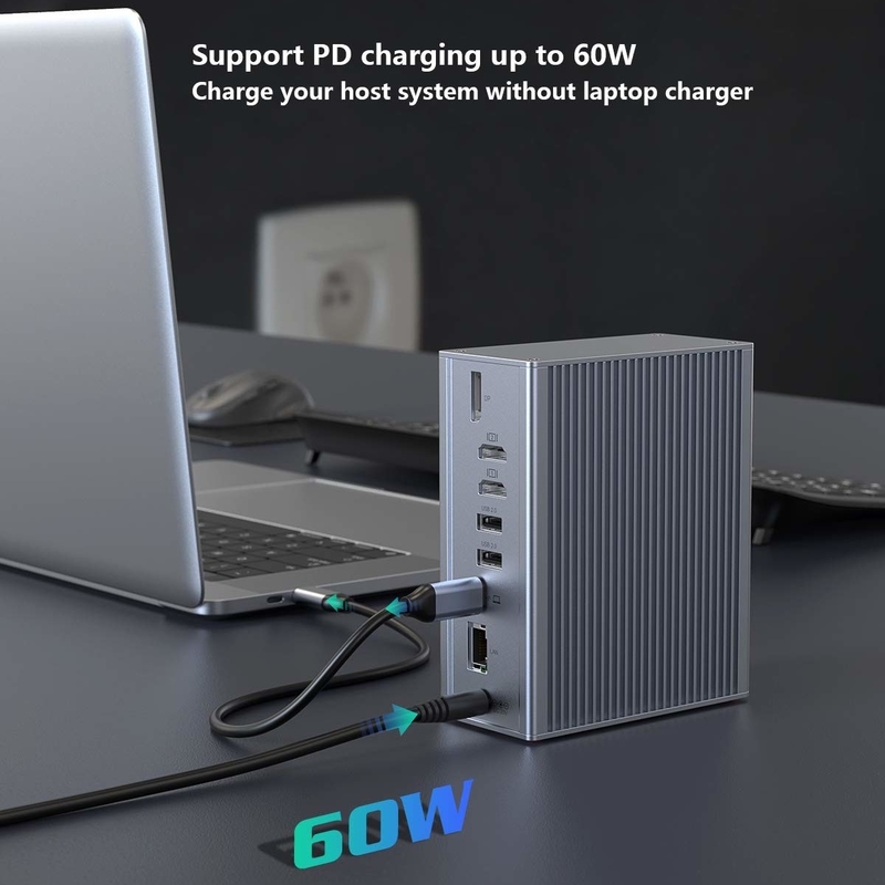 लैपटॉप के लिए 16 में 1 डॉकिंग स्टेशन यूएसबी सी एडाप्टर ग्रे 10Gbps डेटा ट्रांसफर दर डिस्प्लेलिंक पोर्ट