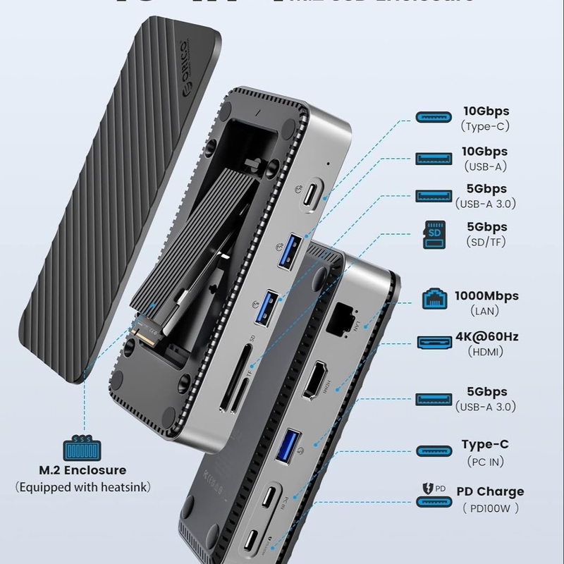 10Gbps के साथ USB C डिस्प्लेलिंक डॉकिंग स्टेशन USB 3.2 Gen2 M.2 NVMe/SATA SSD रीडर