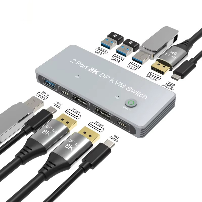 2-पोर्ट डिस्प्लेपोर्ट और यूएसबी केवीएम स्विच 4K 144Hz 8K 60Hz 1.4 1.4 DP यूएसबी इंटरफेस के साथ