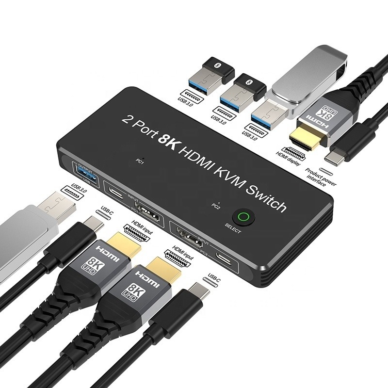 2 पोर्ट HDMI 2.1 USB 3.0 के साथ KVM स्विच 2 इनपुट 1 आउटपुट एलईडी संकेतक महिला-महिला