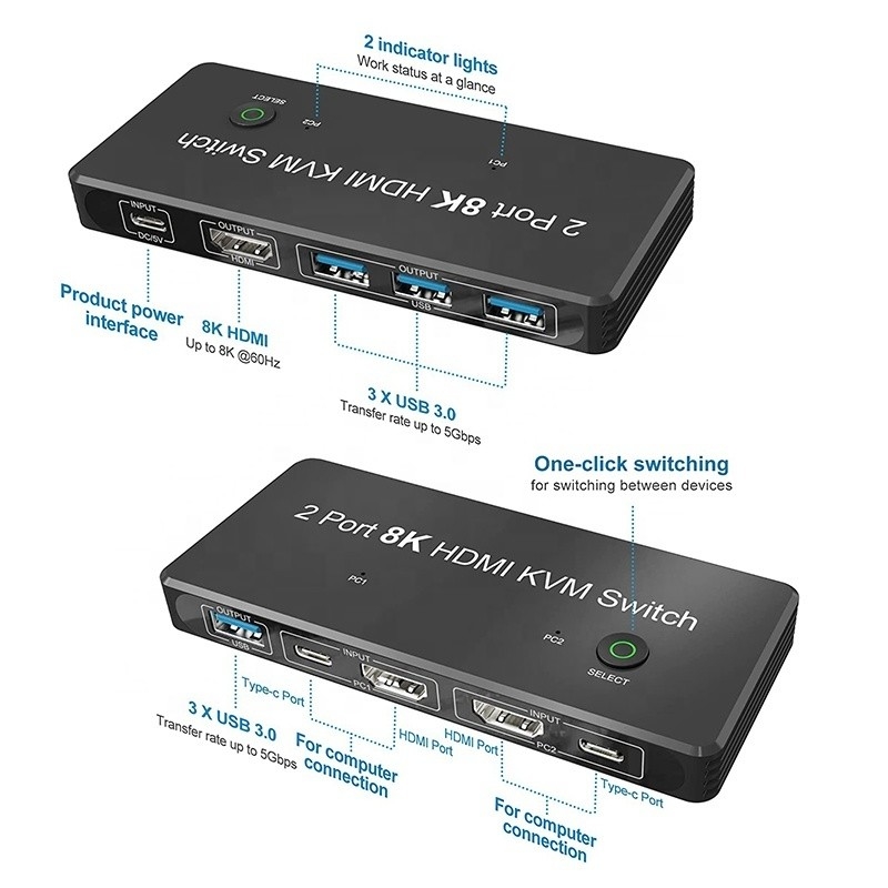 2 पोर्ट HDMI 2.1 USB 3.0 के साथ KVM स्विच 2 इनपुट 1 आउटपुट एलईडी संकेतक महिला-महिला