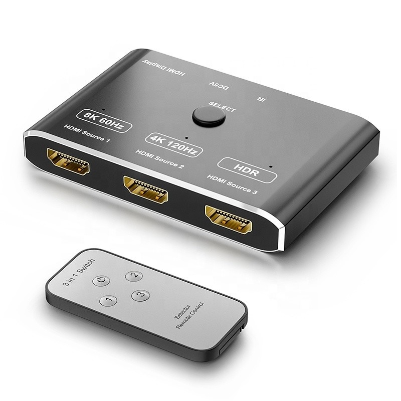 8K 120Hz एचडीआर 3 पोर्ट एचडीएमआई स्विच स्विचर 3 इन 1 आउट प्लग रिमोट कन्वर्टर