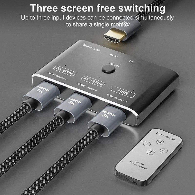 8K 120Hz एचडीआर 3 पोर्ट एचडीएमआई स्विच स्विचर 3 इन 1 आउट प्लग रिमोट कन्वर्टर