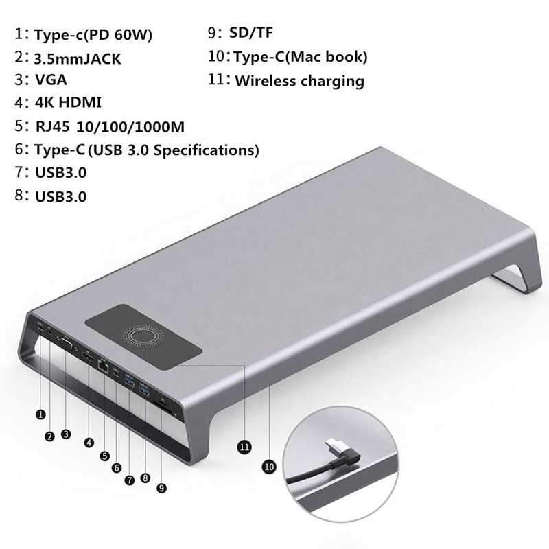 TYPE-C पुरुष 11 इन 1 हब कंप्यूटर लैपटॉप डॉकिंग स्टेशन एडाप्टर 1000Mbps RJ45 और USB-C PD के साथ