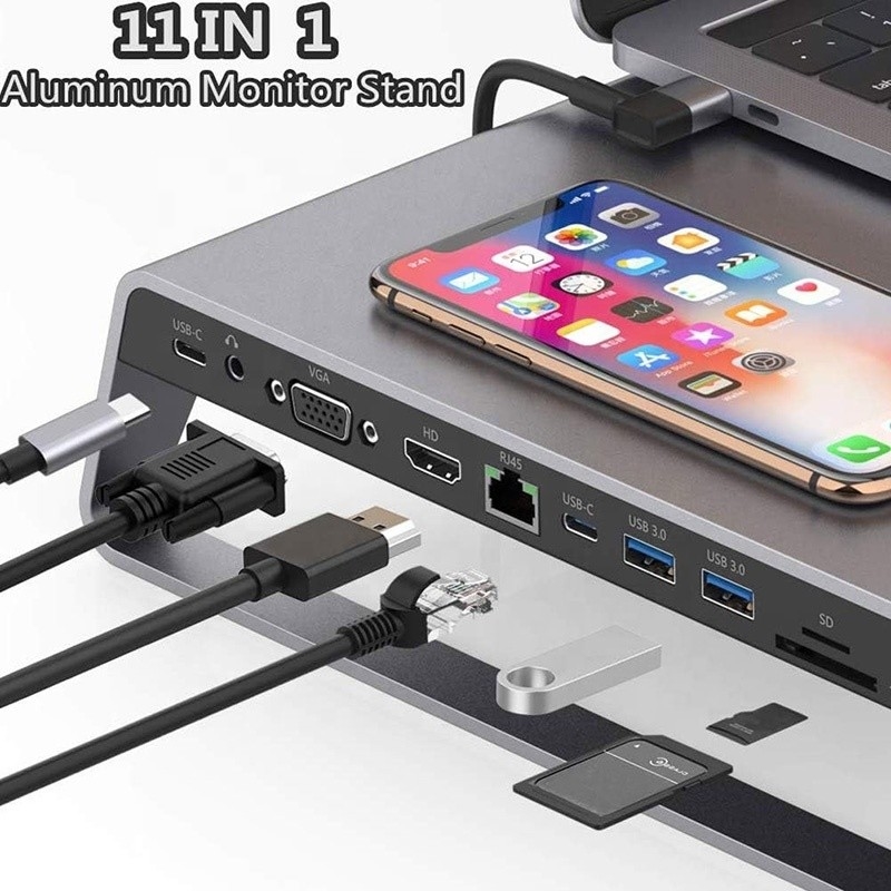 TYPE-C पुरुष 11 इन 1 हब कंप्यूटर लैपटॉप डॉकिंग स्टेशन एडाप्टर 1000Mbps RJ45 और USB-C PD के साथ