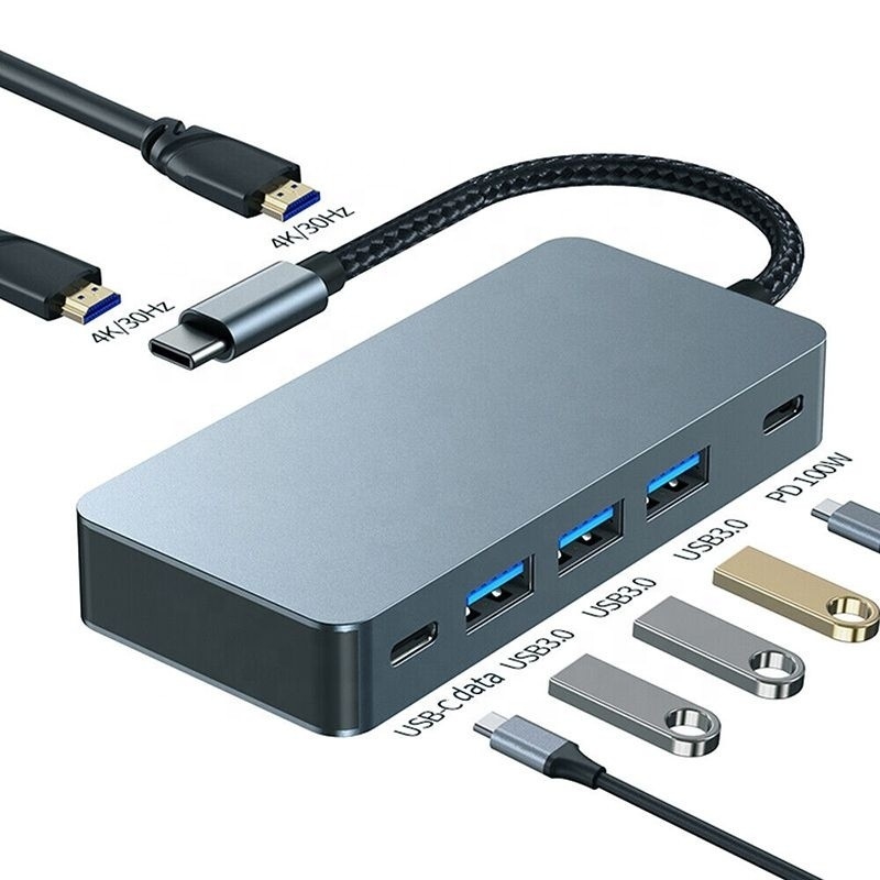 4K 30Hz डुअल एचडीएमआई यूएसबी 3.0 एडाप्टर डॉकिंग स्टेशन 7 इन 1 मल्टीपोर्ट यूएसबी सी टाइप सी हब