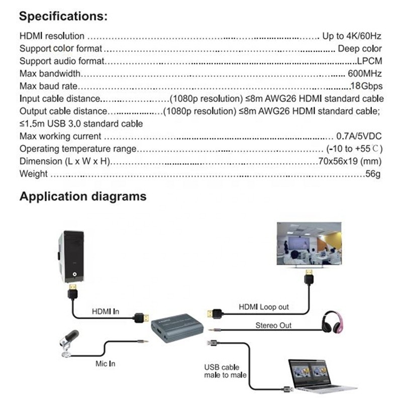 पेशेवर 4K 60Hz HDMI USB3.0 वीडियो कैप्चर कार्ड के साथ ऑडियो आउटपुट और USB 3 के साथ।0