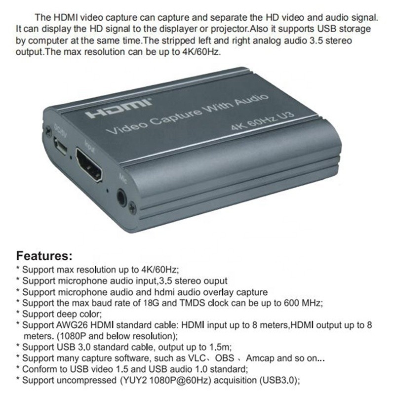 पेशेवर 4K 60Hz HDMI USB3.0 वीडियो कैप्चर कार्ड के साथ ऑडियो आउटपुट और USB 3 के साथ।0