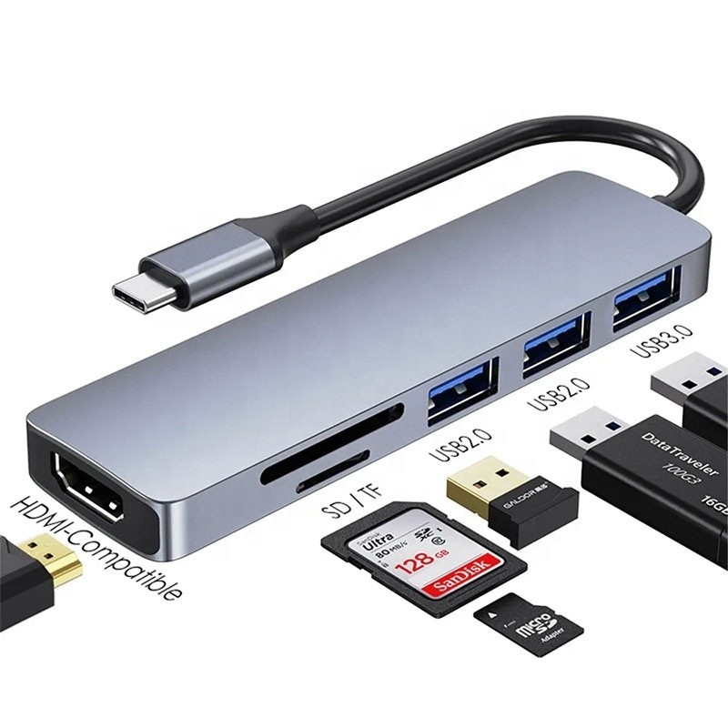 4K HD HDMI HDTV USB 3.0 SD TF कार्ड रीडर के साथ 6 इन 1 मल्टीपोर्ट लैपटॉप डॉकिंग स्टेशन