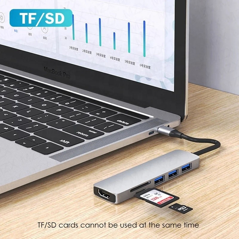4K HD HDMI HDTV USB 3.0 SD TF कार्ड रीडर के साथ 6 इन 1 मल्टीपोर्ट लैपटॉप डॉकिंग स्टेशन