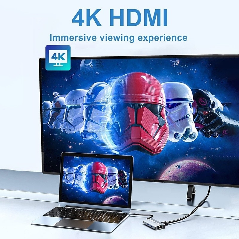 12-इन-1 यूएसबी सी एडाप्टर OEM मल्टीपोर्ट हब 4K एचडीएमआई यूएसबी 3.0 आरजे45 लैन ईथरनेट के साथ
