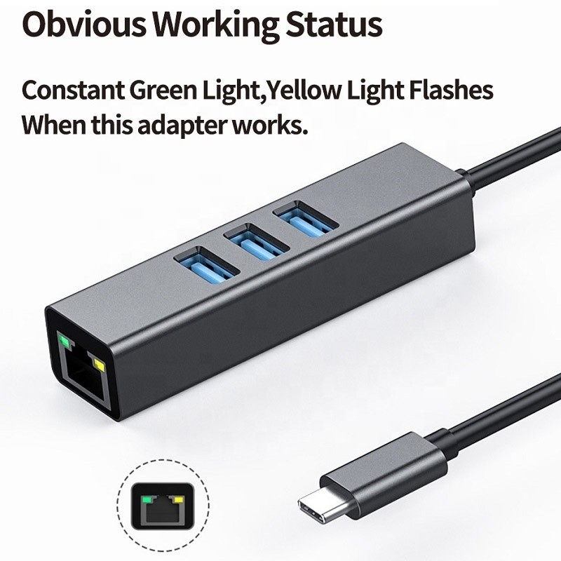 USB 3.1 प्रकार C से 9 पोर्ट USB3.0 हब के साथ गीगाबिट ईथरनेट RJ45 लैन पोर्ट एडाप्टर ग्रे