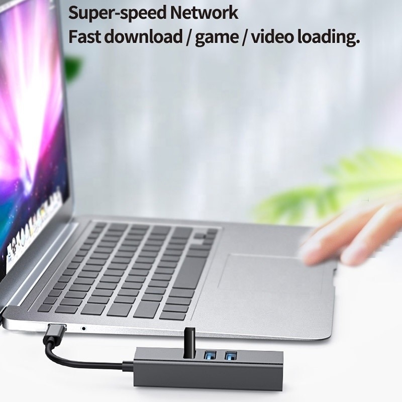 USB 3.1 प्रकार C से 9 पोर्ट USB3.0 हब के साथ गीगाबिट ईथरनेट RJ45 लैन पोर्ट एडाप्टर ग्रे