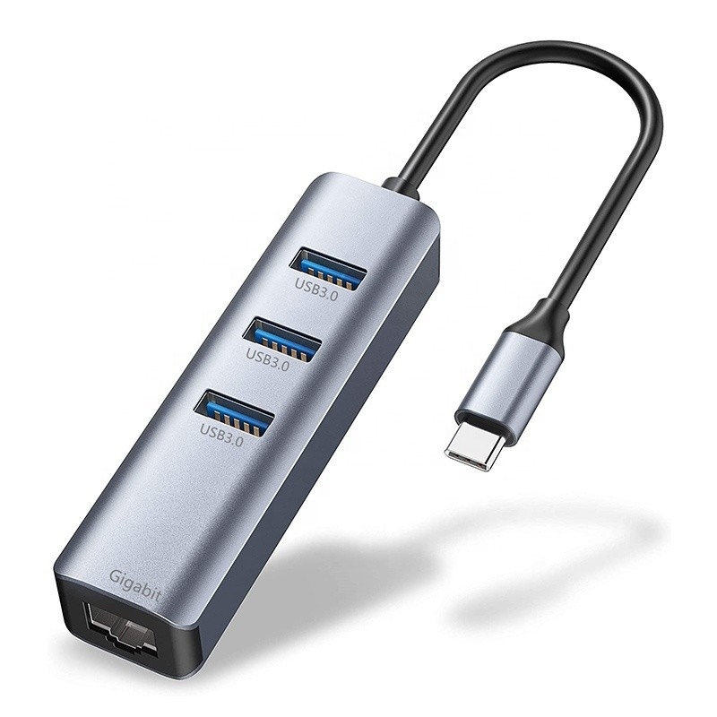 USB 3.1 इंटरफ़ेस प्रकार C से 9 पोर्ट USB A 3.0 एडाप्टर RJ45 गीगाबिट ईथरनेट नेटवर्क कार्ड के साथ ग्रे