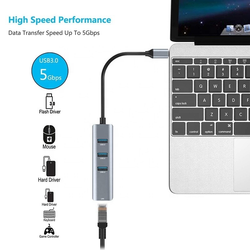 USB 3.1 इंटरफ़ेस प्रकार C से 9 पोर्ट USB A 3.0 एडाप्टर RJ45 गीगाबिट ईथरनेट नेटवर्क कार्ड के साथ ग्रे