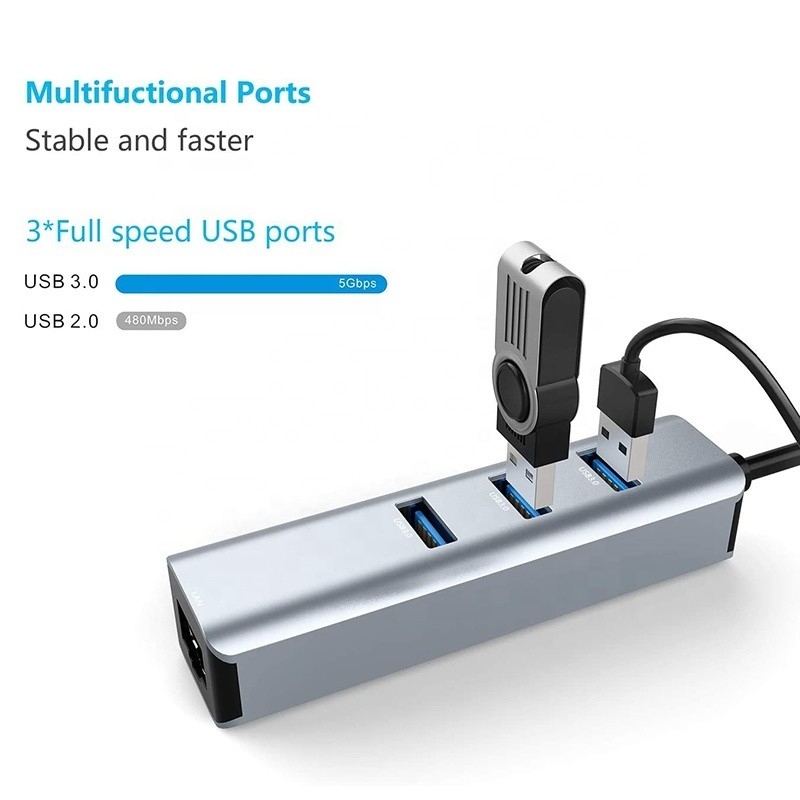 USB 3.1 इंटरफ़ेस प्रकार C से 9 पोर्ट USB A 3.0 एडाप्टर RJ45 गीगाबिट ईथरनेट नेटवर्क कार्ड के साथ ग्रे