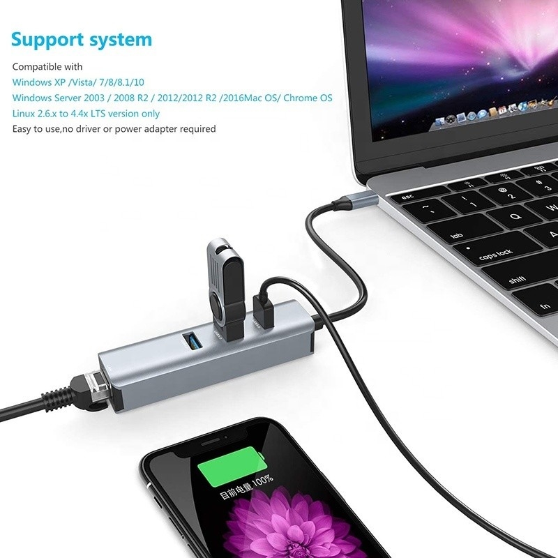USB 3.1 इंटरफ़ेस प्रकार C से 9 पोर्ट USB A 3.0 एडाप्टर RJ45 गीगाबिट ईथरनेट नेटवर्क कार्ड के साथ ग्रे