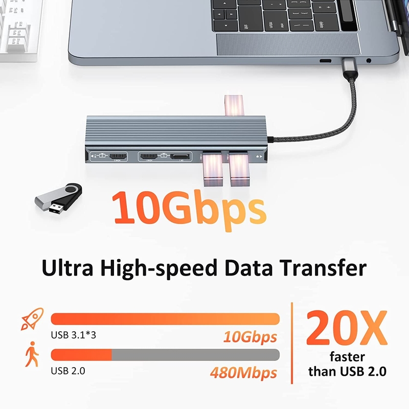 USB 3.1 इंटरफ़ेस प्रकार C से 9 पोर्ट USB A 3.0 एडाप्टर RJ45 गीगाबिट ईथरनेट नेटवर्क कार्ड के साथ ग्रे