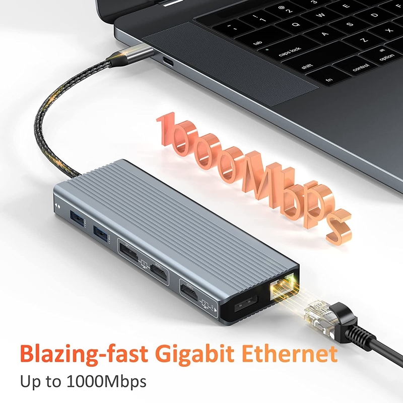 USB 3.1 इंटरफ़ेस प्रकार C से 9 पोर्ट USB A 3.0 एडाप्टर RJ45 गीगाबिट ईथरनेट नेटवर्क कार्ड के साथ ग्रे