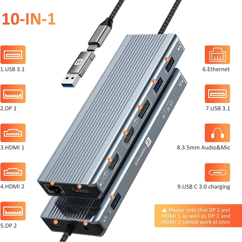 USB 3.1 इंटरफ़ेस प्रकार C से 9 पोर्ट USB A 3.0 एडाप्टर RJ45 गीगाबिट ईथरनेट नेटवर्क कार्ड के साथ ग्रे