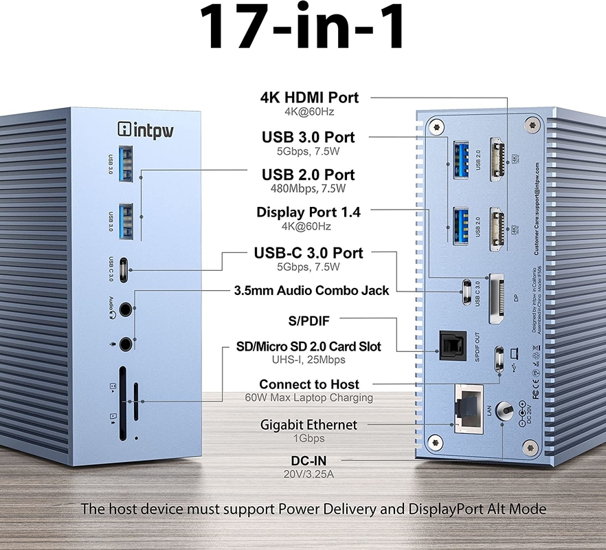 पावर डिलीवरी 120W तक USB-C हब डॉकिंग स्टेशन के साथप्रदर्शन के साथ माइक्रोएसडी3.0 कार्ड रीडर