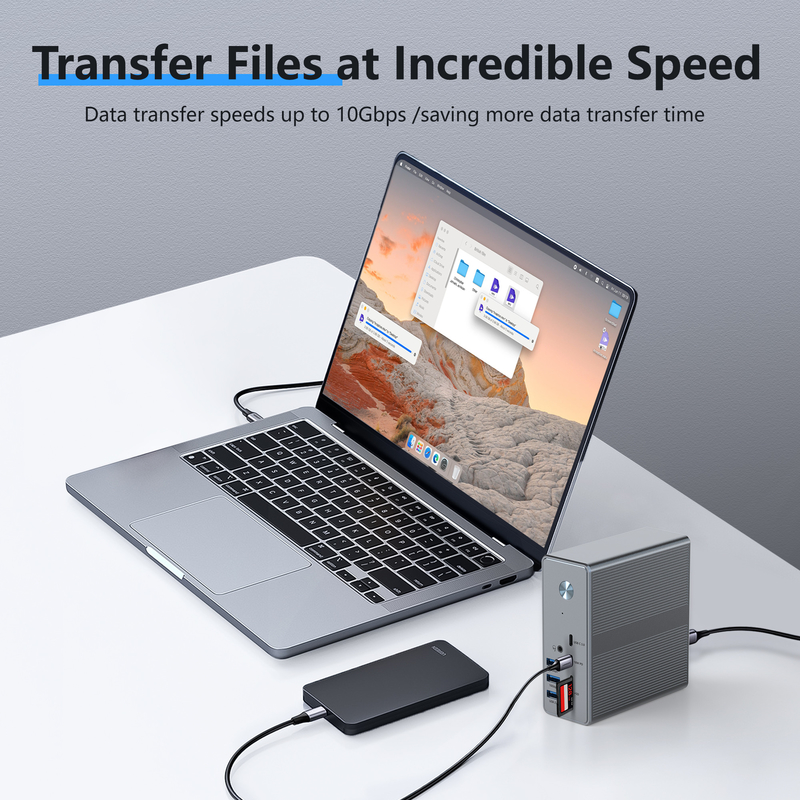 डिस्प्ले लिंक एक्सटेंड मोड के साथ 4K तक उच्च रिज़ॉल्यूशन वाला 18 इन 1 USB-C डॉकिंग स्टेशन